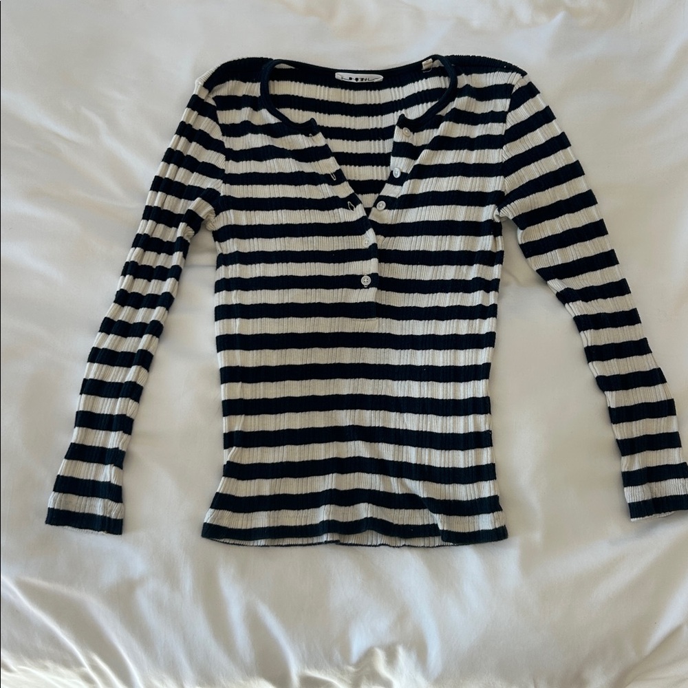 Doen Navy and White Striped Henley Top